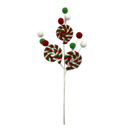 40cm Candy Swirl and Pom Pom Spray Pick - Christmas Wreath Decoration (XB18)