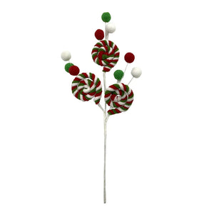 40cm Candy Swirl and Pom Pom Spray Pick - Christmas Wreath Decoration (XB18)