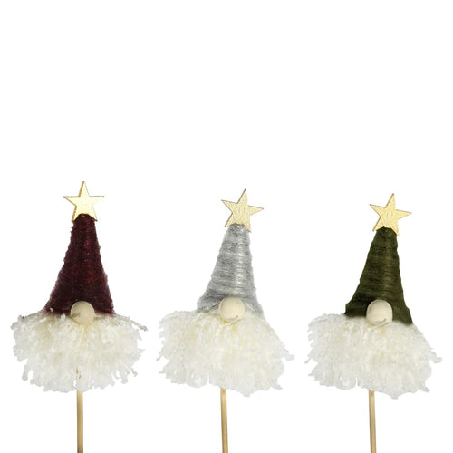 12 x 50cm Large Wooden Gnome with Hat Picks - Burgundy Green Grey