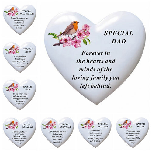 White Robin Memorial Heart Flowers Tribute Grave Remembrance Ornament Plaque