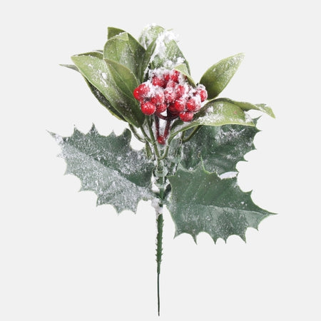 20cm Snow Covered Holly Pick with Berries  - Christmas Artificial Xmas (XB18)