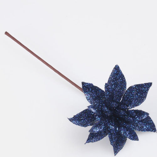 Bag of 12 x 14cm Blue Glitter Poinsettia Picks - Artificial Single Stem - Christmas Wreath