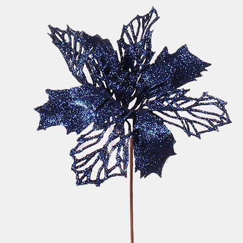 Bag of 12 x 17cm Large Blue Glitter Poinsettia Picks - Artificial Single Stem - Christmas Wreath