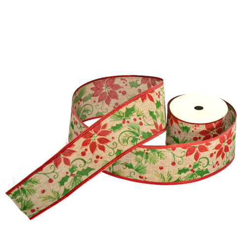 10yds Natural Red Green Poinsettia Wired Edge Christmas Ribbon