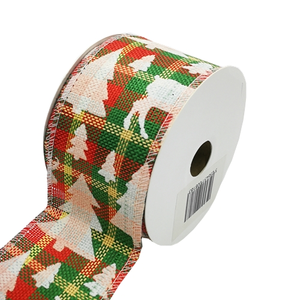 Trees Reindeer Tartan Design Wired Edge Christmas Ribbon - 63mm x 10yds