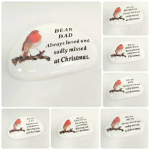 Load image into Gallery viewer, White Robin Pebble Christmas Memorial Tribute - Xmas Tree Plaque Verse Graveside