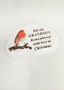 White Robin Pebble Christmas Memorial Tribute - Xmas Tree Plaque Verse Graveside