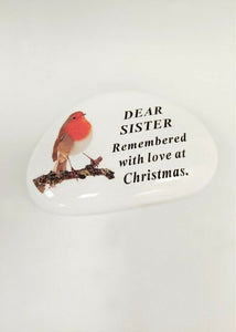 White Robin Pebble Christmas Memorial Tribute - Xmas Tree Plaque Verse Graveside