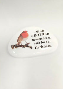 White Robin Pebble Christmas Memorial Tribute - Xmas Tree Plaque Verse Graveside