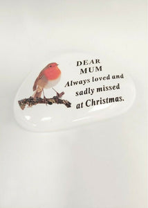 White Robin Pebble Christmas Memorial Tribute - Xmas Tree Plaque Verse Graveside