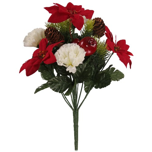 37cm Red Ivory Poinsettia Carnation Cone Christmas Bunch - Christmas Xmas Artificial