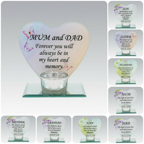 Glass Heart Memorial Plaque Tea Light Candle Holder Floral Graveside Tribute