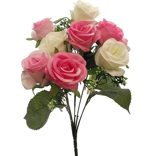 40cm Pink Cerise Ivory Rosebud Bush with Gyp - 9 Heads - Artificial Flower