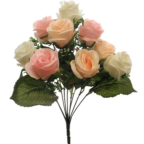 40cm Pink Peach Rosebud Bush with Gyp - 9 Heads - Artificial Flower