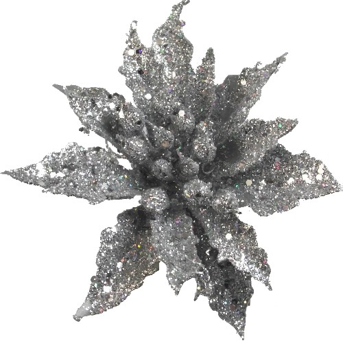 Glittered Plastic Poinsettia Pick Silver