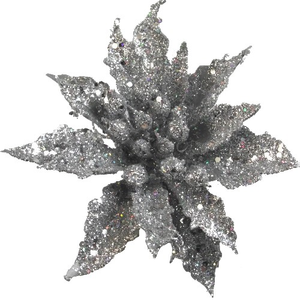 Glittered Plastic Poinsettia Pick Silver