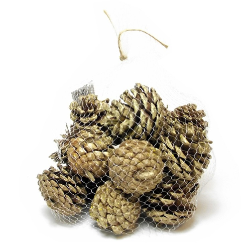 4-6cm PINE CONES IN NET BAG NATURAL/GOLD GLITTER X 250g