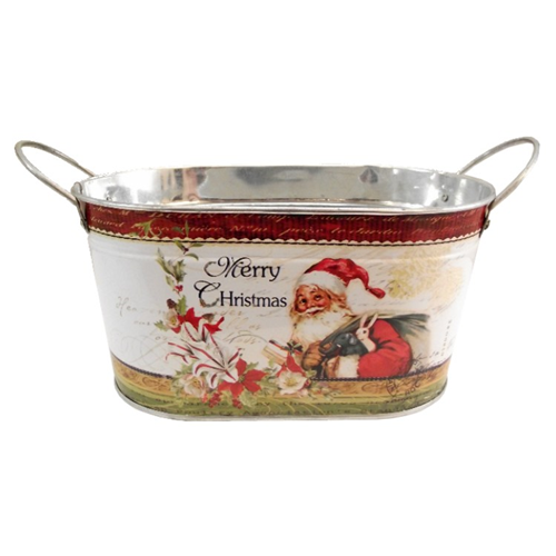 22cm Metal Oval Planter - Merry Christmas Santa