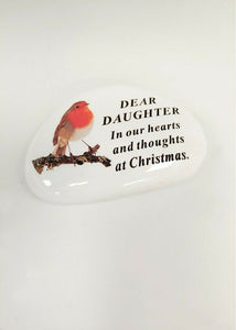 White Robin Pebble Christmas Memorial Tribute - Xmas Tree Plaque Verse Graveside