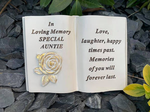 Memorial Cream Open Rose Book Graveside Plaque Garden Ornament Relatives Garden