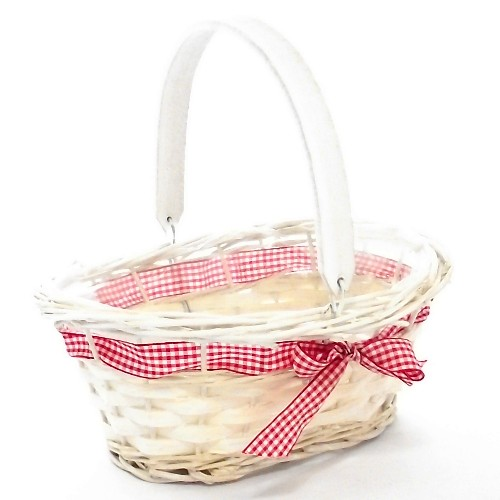 25cm Wooden White Oval Planting Basket - Red Gingham Ribbon - Florists Flower Arrangement