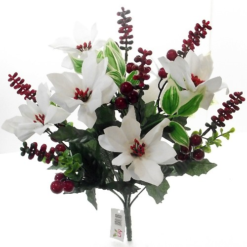 40cm Velvet Poinsettia And Eucalyptus Many Berry Mixed Bush White