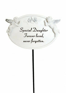 White & Silver Twin Cherub Memorial Stick Remembrance Plaque Tribute Spike Stake