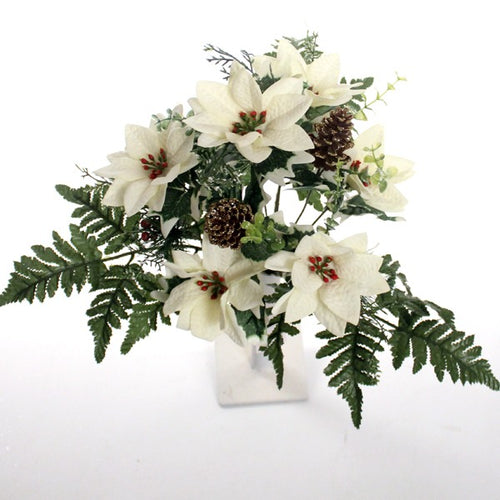 40cm Large Ivory Poinsettia Bunch - Cones Foliage Glitter - Artificial Christmas Xmas (XB17)