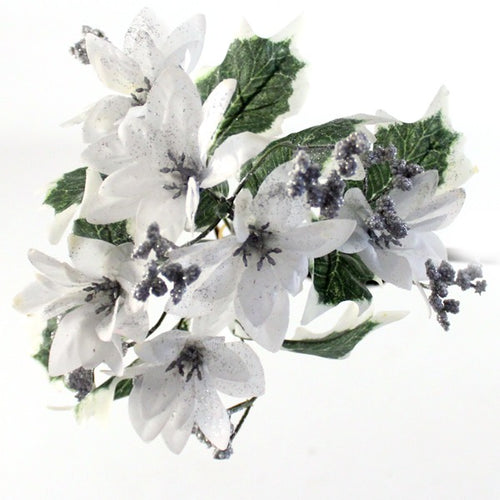 28cm White Glittered Poinsettia and Gyp Bush Bunch - Christmas Xmas Artificial Greenery
