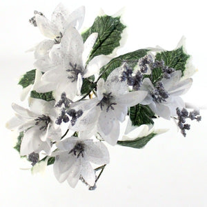 28cm White Glittered Poinsettia and Gyp Bush Bunch - Christmas Xmas Artificial Greenery