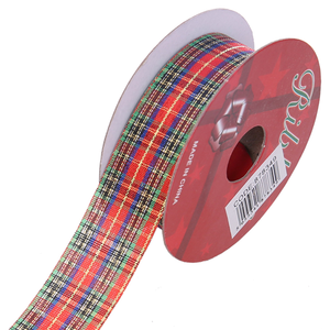 TARTAN FABRIC CUT EDGE RIBBON 25mm X 10yds RED/GREEN/BLUE/GOLD