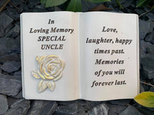 Load image into Gallery viewer, Memorial Cream Open Rose Book Graveside Plaque Garden Ornament Relatives Garden