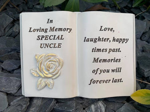 Memorial Cream Open Rose Book Graveside Plaque Garden Ornament Relatives Garden