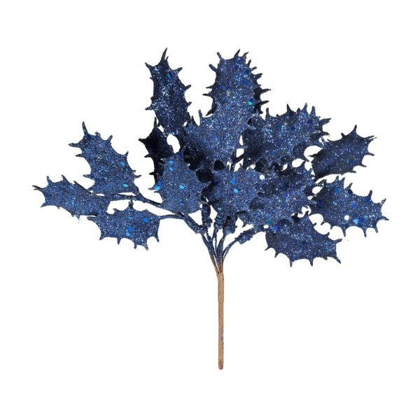 20cm Royal Blue Glitter Holly Pick - Christmas Xmas Artificial Greenery