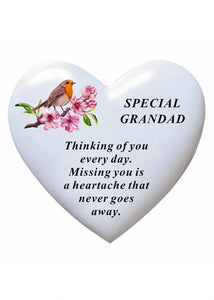 White Robin Memorial Heart Flowers Tribute Grave Remembrance Ornament Plaque