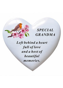 White Robin Memorial Heart Flowers Tribute Grave Remembrance Ornament Plaque