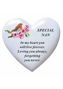 White Robin Memorial Heart Flowers Tribute Grave Remembrance Ornament Plaque