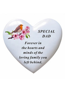 White Robin Memorial Heart Flowers Tribute Grave Remembrance Ornament Plaque