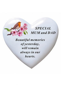 White Robin Memorial Heart Flowers Tribute Grave Remembrance Ornament Plaque