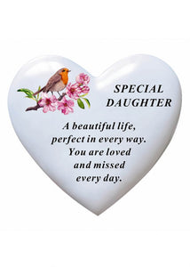 White Robin Memorial Heart Flowers Tribute Grave Remembrance Ornament Plaque