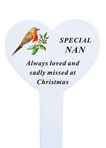 White Heart Christmas Memorial Robin Stake Stick - Xmas Plaque Verse Graveside