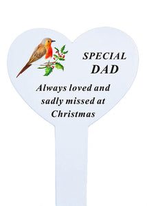 White Heart Christmas Memorial Robin Stake Stick - Xmas Plaque Verse Graveside