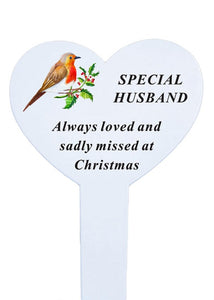 White Heart Christmas Memorial Robin Stake Stick - Xmas Plaque Verse Graveside