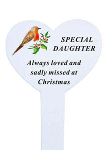 White Heart Christmas Memorial Robin Stake Stick - Xmas Plaque Verse Graveside