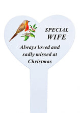 Load image into Gallery viewer, White Heart Christmas Memorial Robin Stake Stick - Xmas Plaque Verse Graveside