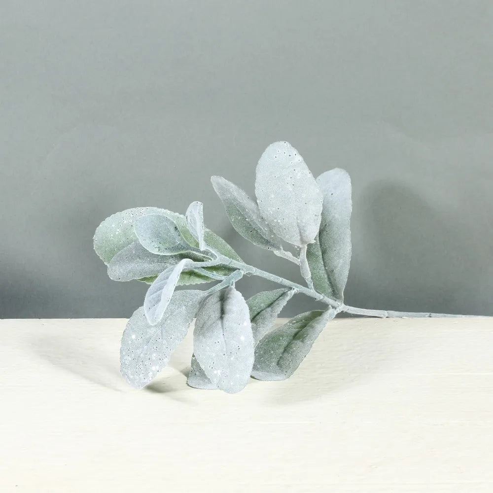 28cm Flocked Lambs Ear Christmas Pick Green with Glitter